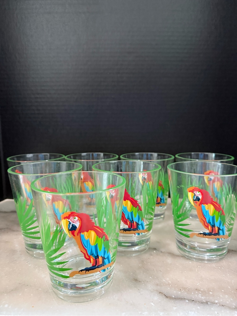 Vintage Retro Set of 8 Parrot Print Glasses Solid Clear Acrylic